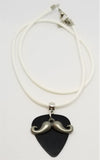 Mustache Charm with a Black Guitar Pick on a White Rolled Cord Necklace