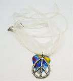 Peace Sign Charm on a MultiColor Guitar Pick and White Ribbon Necklace