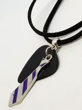 Purple and Silver Striped Tie with a Black Guitar Pick on a Black Suede Cord Necklace