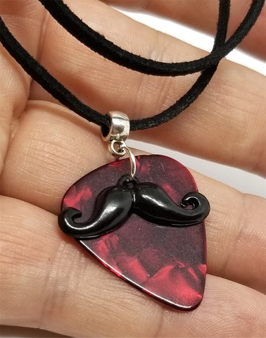 Black Mustache Charm with a Red MOP Guitar Pick on a Black Suede Cord Necklace