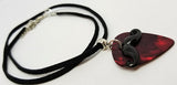 Black Mustache Charm with a Red MOP Guitar Pick on a Black Suede Cord Necklace