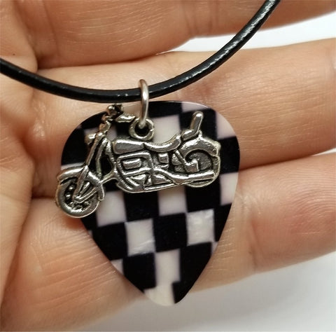 Motorcycle Charm with a Checkered MOP Guitar Pick on a Rolled Black Leather Cord Necklace