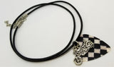 Motorcycle Charm with a Checkered MOP Guitar Pick on a Rolled Black Leather Cord Necklace