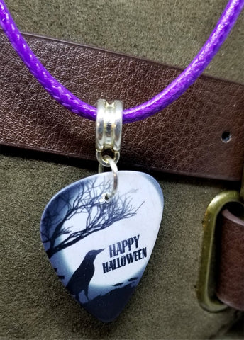 Happy Halloween Raven Guitar Pick Necklace on Rolled Purple Cord