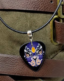 Purple and Orange Chinese Opera Mask Guitar Pick on a Rolled Black Cord Necklace
