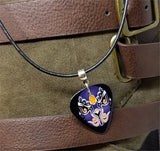Purple and Orange Chinese Opera Mask Guitar Pick on a Rolled Black Cord Necklace