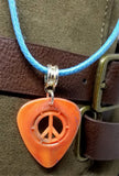 Peace Sign Cut Out Orange Guitar Pick with Aqua Blue Rolled Cord Necklace