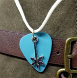 Snowflake on Light Blue Guitar Pick and White Suede Cord Necklace