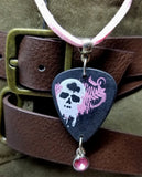 Skull Guitar Pick Necklace on Pink Suede Cord with Pink Crystal Charm Dangle