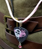 Skull Guitar Pick Necklace on Pink Suede Cord with Pink Crystal Charm Dangle