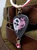 Skull Guitar Pick Necklace on Pink Suede Cord with Pink Crystal Charm Dangle