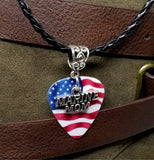 Marine Mom Charm on American Flag Guitar Pick Necklace on Black Braided Cord