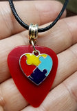 CLEARANCE Autism Awareness Heart Charm on Red Guitar Pick on Rolled Black Cord