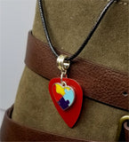 CLEARANCE Autism Awareness Heart Charm on Red Guitar Pick on Rolled Black Cord