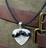 Black Mustache Charm with a White MOP Guitar Pick on a Black Suede Cord Necklace