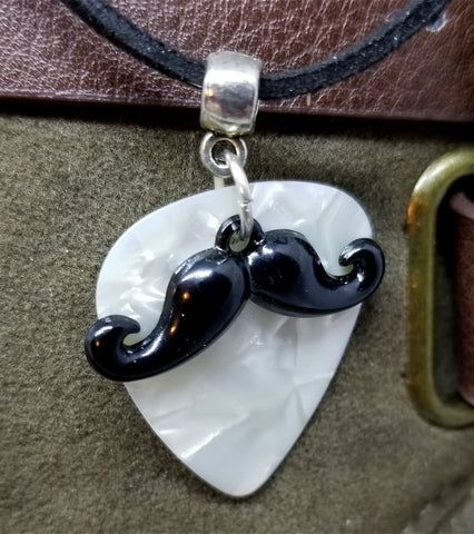Black Mustache Charm with a White MOP Guitar Pick on a Black Suede Cord Necklace
