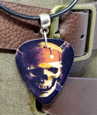 Skull Guitar Pick Necklace on a Black Rolled Cord