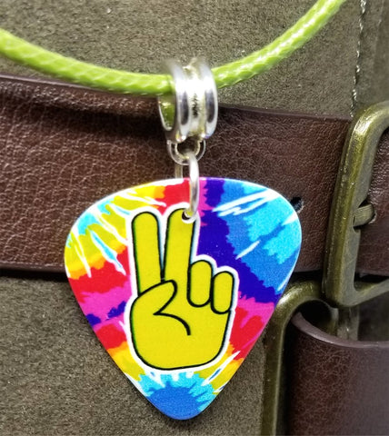 Tie Dye Peace Sign Fingers Guitar Pick on a Green Rolled Cord Necklace