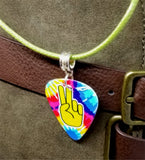 Tie Dye Peace Sign Fingers Guitar Pick on a Green Rolled Cord Necklace
