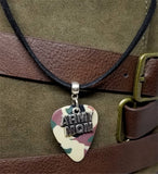 Army Mom Charm on Camo Guitar Pick Necklace on Black Suede Cord