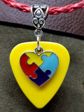 Autism Awareness Heart Charm on Yellow Guitar Pick on Red Braided Leather Cord