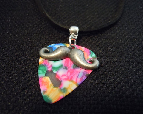 Mustache Charm with a MultiColor Guitar Pick on a Black Suede Cord Necklace
