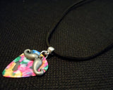 Mustache Charm with a MultiColor Guitar Pick on a Black Suede Cord Necklace