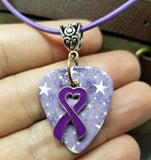 Purple Ribbon Heart Charm on Purple Starry Guitar Pick Necklace with Purple Cord