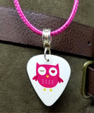 Hot Pink Owl Guitar Pick Necklace with Hot Pink Rolled Cord