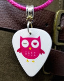 Hot Pink Owl Guitar Pick Necklace with Hot Pink Rolled Cord