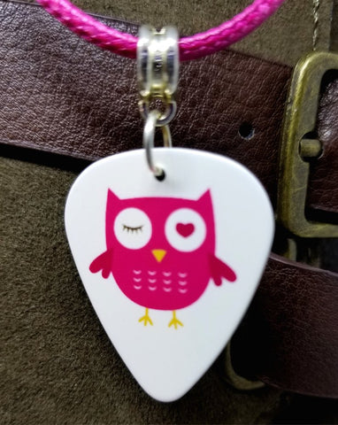 Hot Pink Owl Guitar Pick on a Hot Pink Rolled Cord Necklace