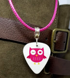 Hot Pink Owl Guitar Pick Necklace with Hot Pink Rolled Cord