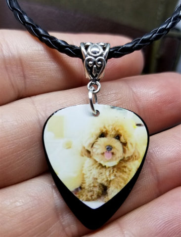 Fluffy Apricot Poodle Guitar Pick Necklace on Black Braided Cord