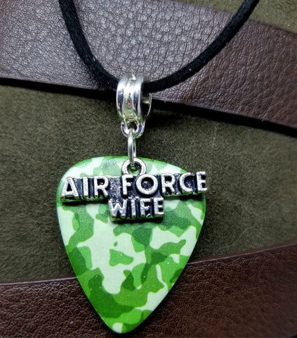 Air Force Wife Charm on Camo Guitar Pick Necklace with Black Suede Cord