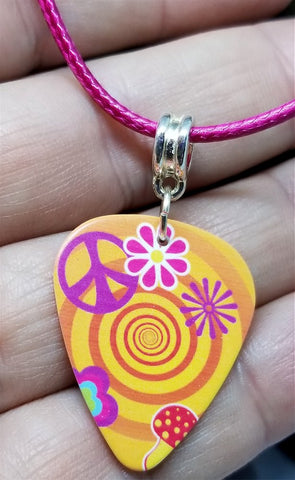 Peace Sign and Flower Power Guitar Pick Necklace on a Hot Pink Rolled Cord