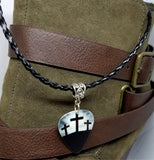 Three Crosses Guitar Pick Necklace with Black Braided Cord
