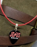 Jesus Rocks Guitar Pick Necklace with Red Rolled Cord