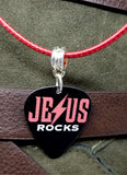Jesus Rocks Guitar Pick Necklace with Red Rolled Cord