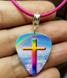 God's Promise Cross with Rainbow Guitar Pick Necklace with Hot Pink Rolled Cord