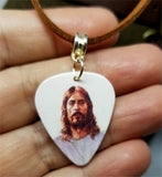 Jesus Guitar Pick Necklace with Brown Suede Cord