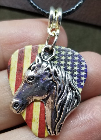 Horse American Flag Guitar Pick Necklace on Black Rolled Cord