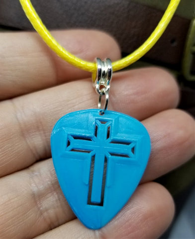 Cross Cut Out Blue Guitar Pick Necklace on Yellow Rolled Cord