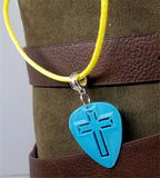 Cross Cut Out Blue Guitar Pick Necklace on Yellow Rolled Cord