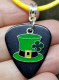 Leprechaun Hat Charm with a Black Guitar Pick Necklace on a Yellow Rolled Cord