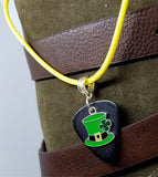 Leprechaun Hat Charm with a Black Guitar Pick Necklace on a Yellow Rolled Cord