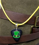 Leprechaun Hat Charm with a Black Guitar Pick Necklace on a Yellow Rolled Cord