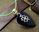 CLEARANCE Shamrock Four Leaf Clover Charm with a Black Guitar Pick on a Green Rolled Cord Necklace