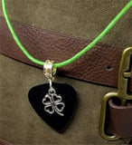 CLEARANCE Shamrock Four Leaf Clover Charm with a Black Guitar Pick on a Green Rolled Cord Necklace