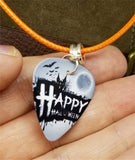 Happy Halloween Haunted House Guitar Pick Necklace on Rolled Orange Cord
