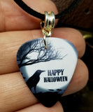 Happy Halloween Raven Guitar Pick Necklace on Black Suede Cord